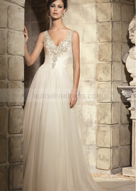 V Neckline Ivory Beaded Tulle Wedding Dress